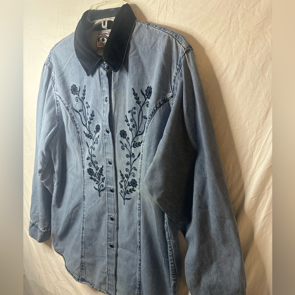 Solutions Blues Embroidered Denim Shirt Western Floral Snap Large - Picture 3 of 9
